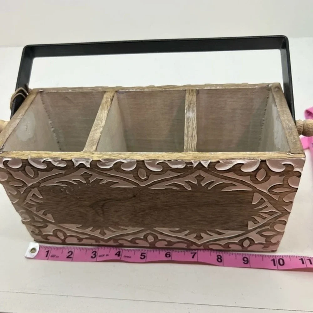 NWT Global Market farmhouse distressed white brown wood silverware caddy carved